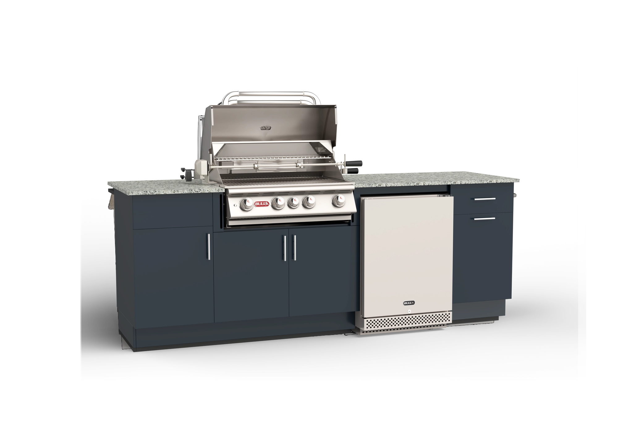 Bull Myrtle Beach DuraBull 8 ft outdoor kitchen with Symphony Blue HDPE base and Galaxy White granite countertop
