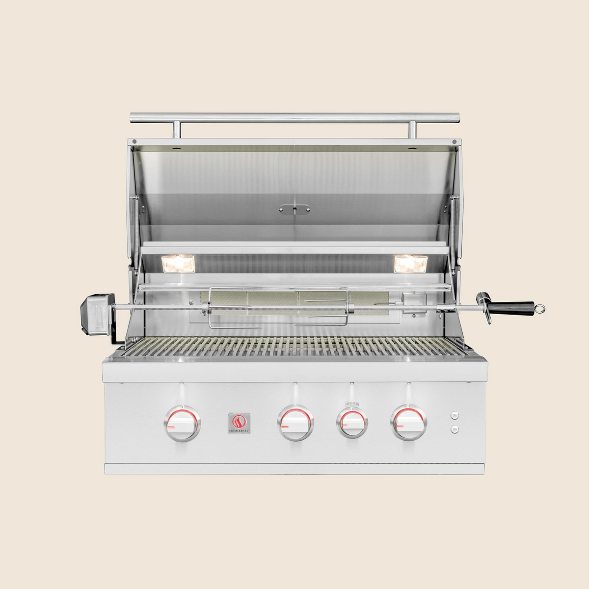 Summerset TRL Pro built-in gas grill, lid open with burners lit