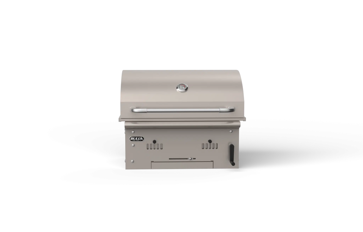 Bull Bison built-in charcoal grill with hood open showing adjustable charcoal bed