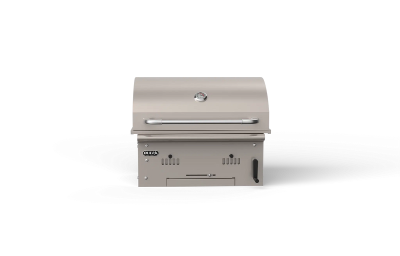 Bull Bison built-in charcoal grill with hood open showing adjustable charcoal bed