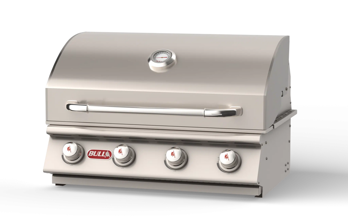 Bull Outlaw 30 inch built-in gas grill with hood open showing welded stainless burners