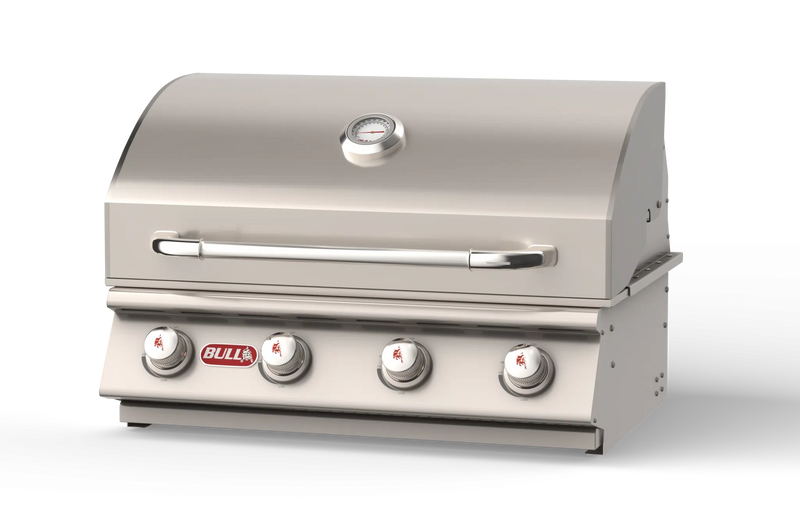 Bull Outlaw 30 inch built-in gas grill with hood open showing welded stainless burners