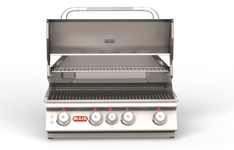Bull Angus 30 inch built-in gas grill with hood open showing burners and rotisserie