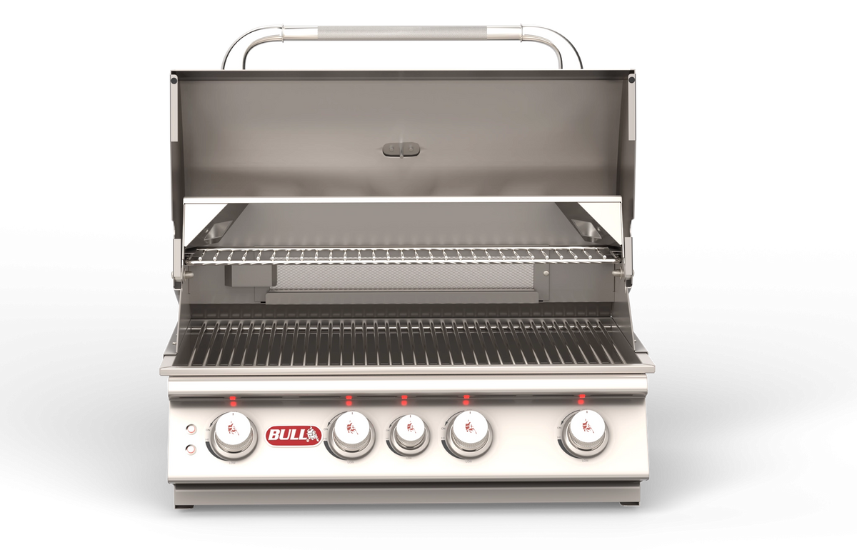 Bull Angus 30 inch built-in gas grill with hood open showing burners and rotisserie