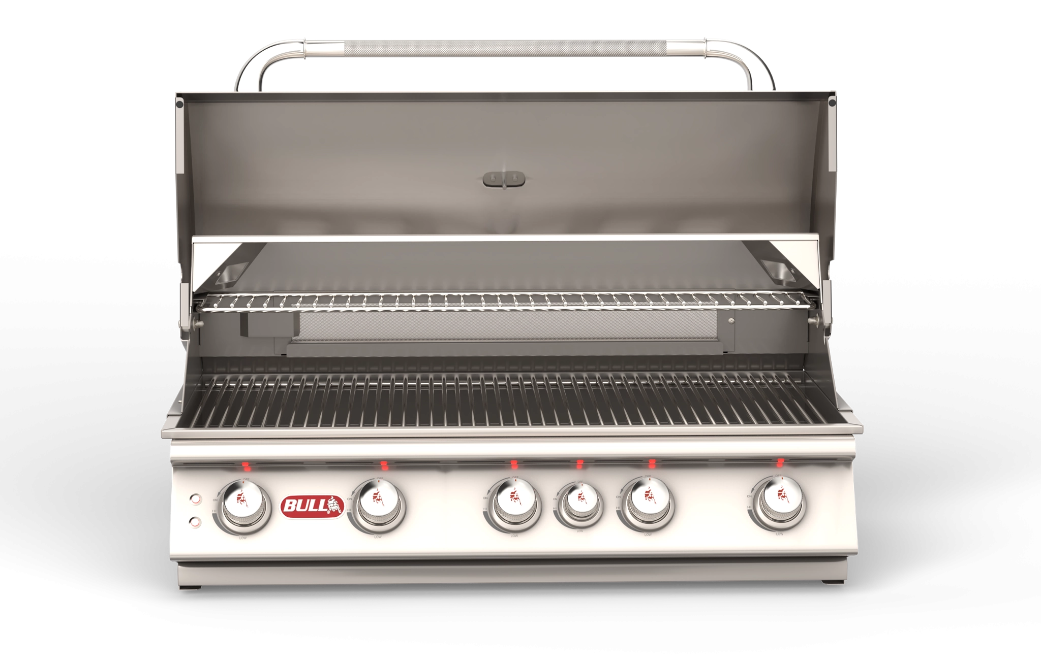 Bull Brahma 38 inch built-in gas grill with hood open showing cooking grates and burners