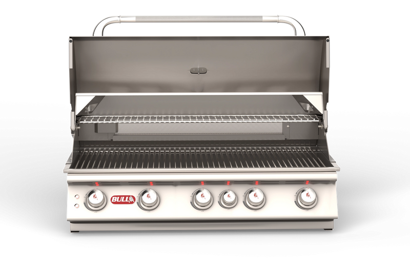 Bull Brahma 38 inch built-in gas grill with hood open showing cooking grates and burners