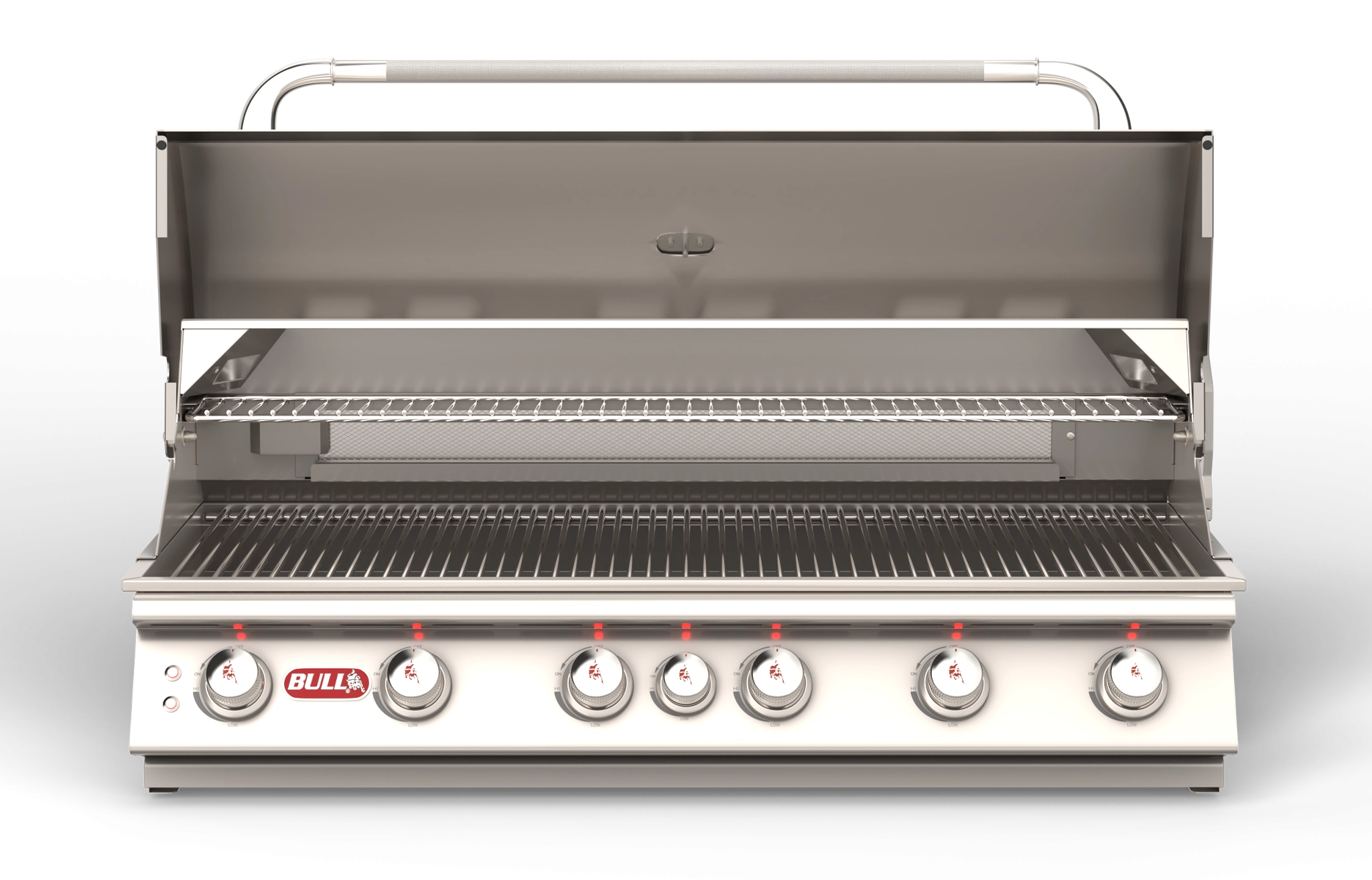 Bull Diablo 46 inch built-in gas grill with hood open showing 806 square inch cooking surface