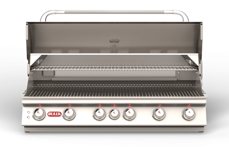 Bull Diablo 46 inch built-in gas grill with hood open showing 806 square inch cooking surface