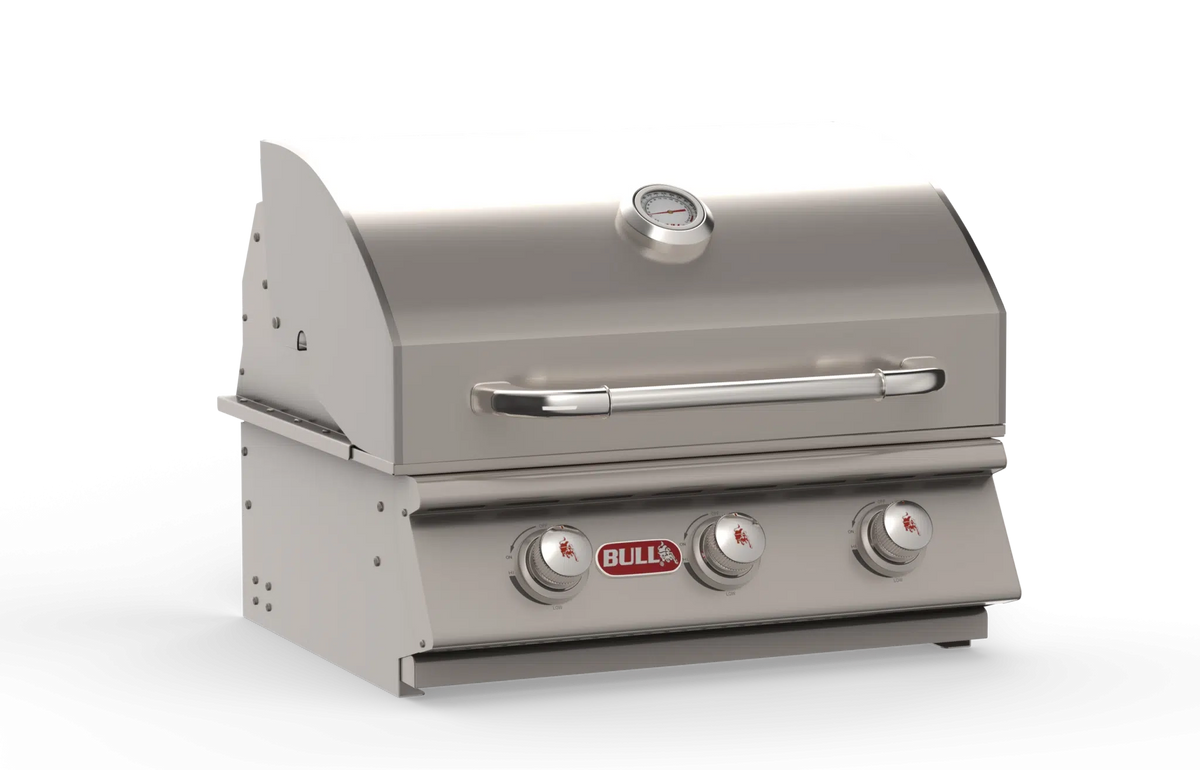 Bull Steer 24 inch built-in gas grill with hood open showing cooking surface