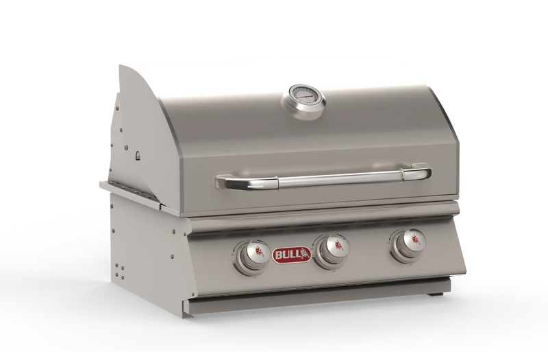 Bull Steer 24 inch built-in gas grill with hood open showing cooking surface