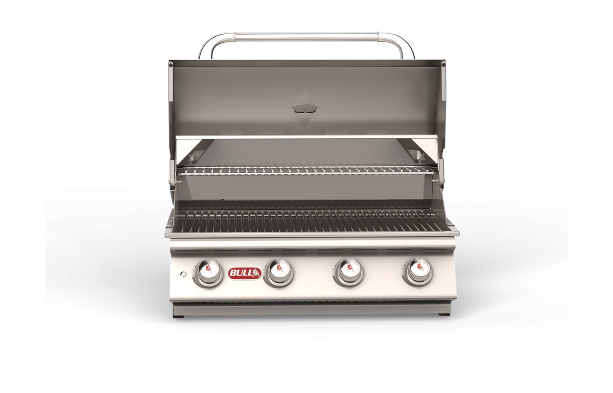 Bull Lonestar Select 30 inch built-in gas grill with hood open showing bar burners