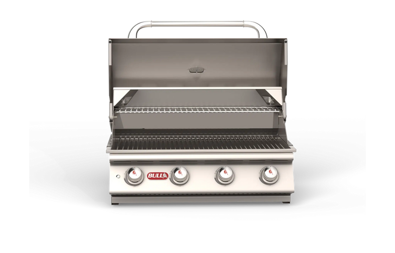 Bull Lonestar Select 30 inch built-in gas grill with hood open showing bar burners