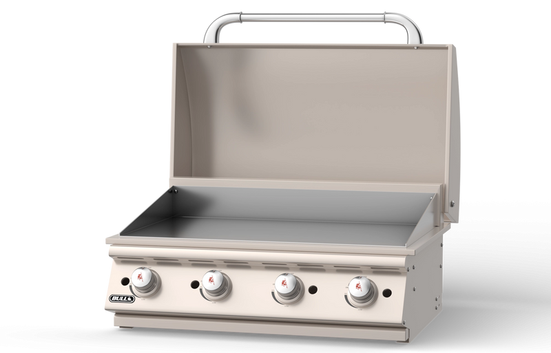 Bull 30 inch built-in gas griddle with hood open showing flat top surface