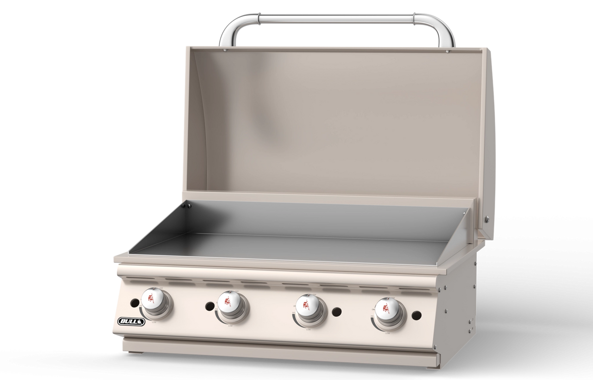 Bull 30 inch built-in gas griddle with hood open showing flat top surface