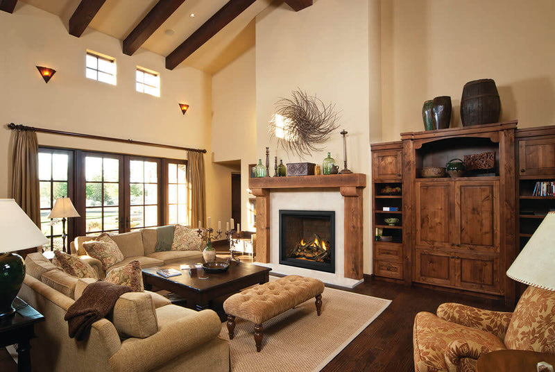 Napoleon Elevation X 36 installed in traditional vaulted great room with Newport brick