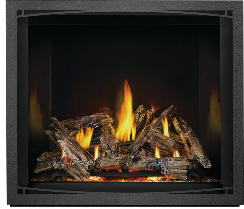 Napoleon Elevation X 42 direct vent gas fireplace with MIRRO-FLAME panels and Zen charcoal front