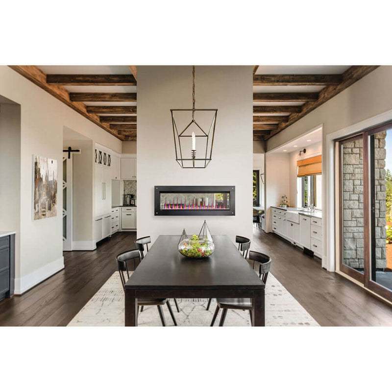 Napoleon CLEARion Elite see-through electric fireplace installed between kitchen and living space