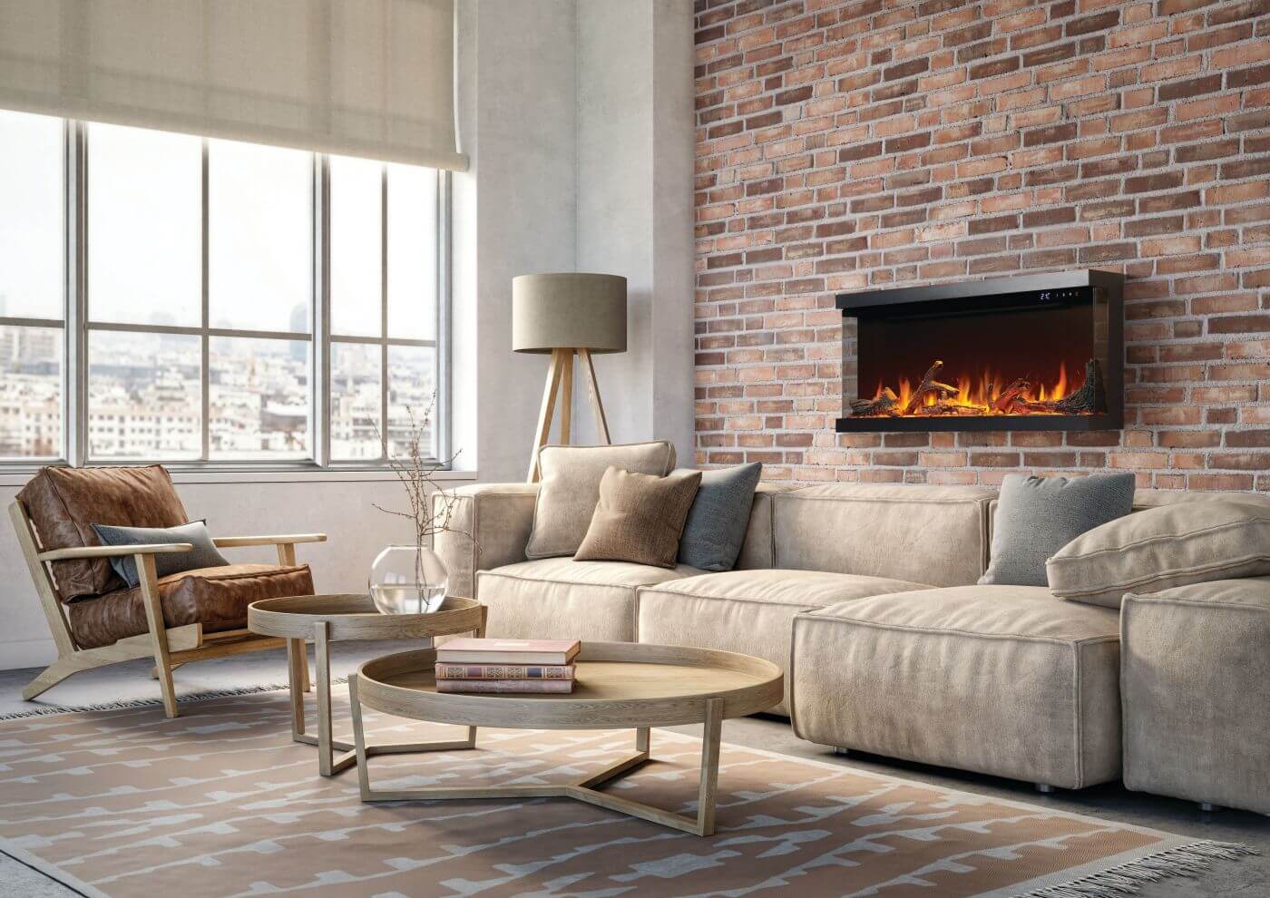 Napoleon Astound wall hanging electric fireplace in living room