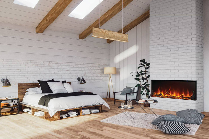 Napoleon Astound 62 inch wall hanging electric fireplace in Scandinavian bedroom