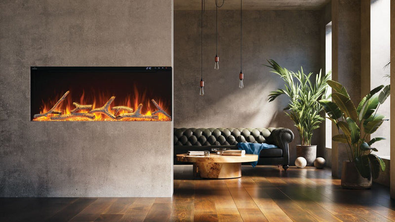 Napoleon Astound 62 inch wall hanging electric fireplace in loft with birch logs