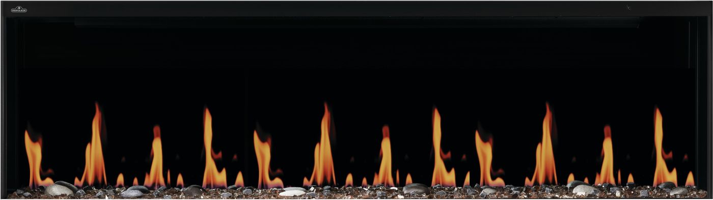Napoleon Luminex 65 LCD electric fireplace with Woodland media and orange gas flame