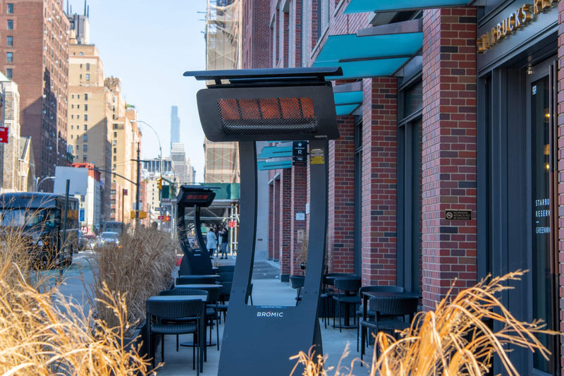 Bromic Tungsten portable heaters at an outdoor cafe terrace