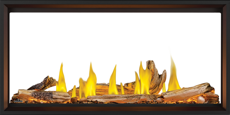 Napoleon Tall Linear Vector see-through direct vent gas fireplace — shown with optional driftwood logs and Woodland media (sold separately)