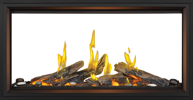 Napoleon Tall Linear Vector see-through with Luminous Logs — shown with the driftwood Luminous log kit (required, sold separately)