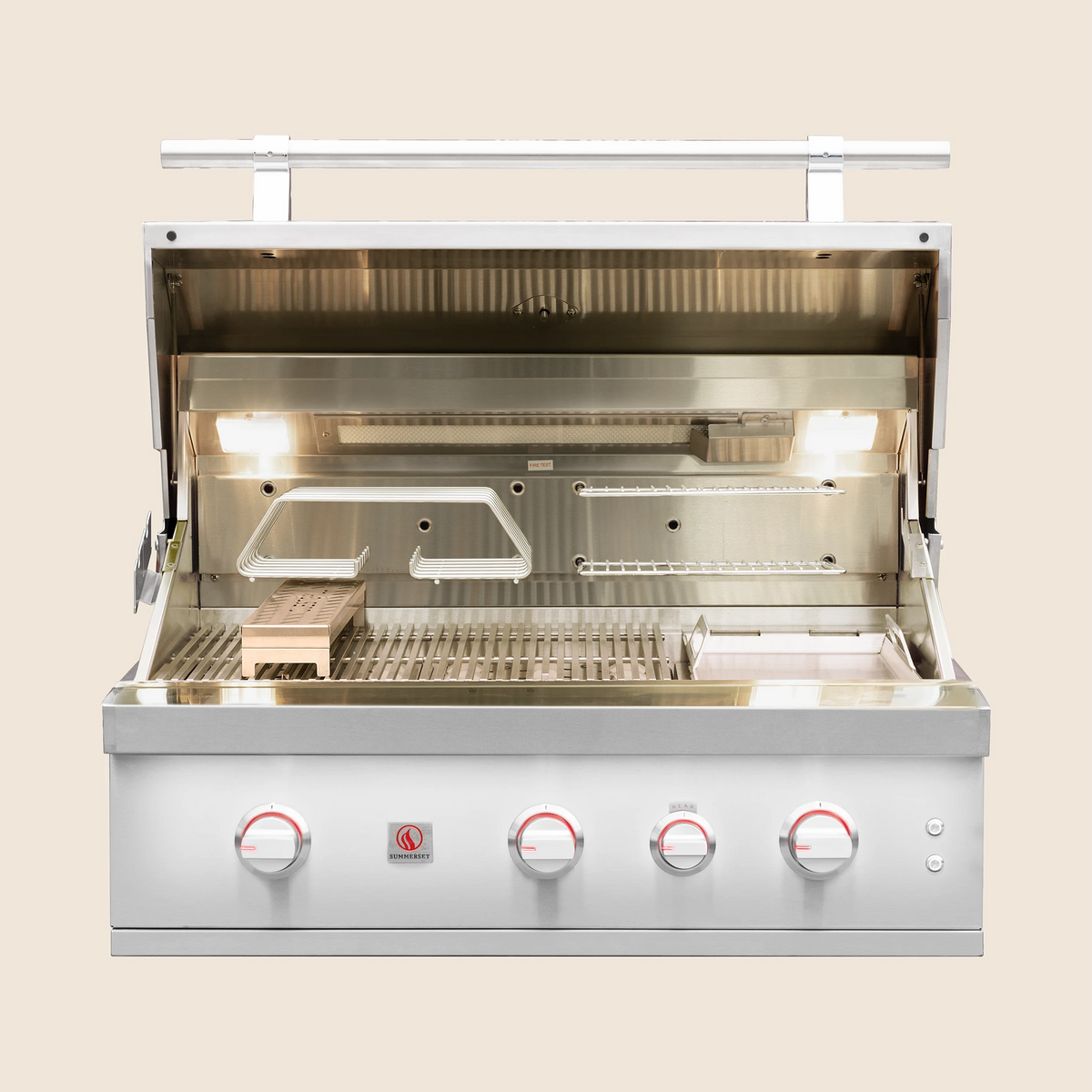 Summerset Quest built-in gas grill, lid open with smoker tray
