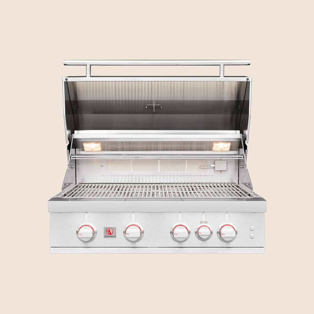 Summerset Sizzler Pro built-in gas grill, lid open with burners lit