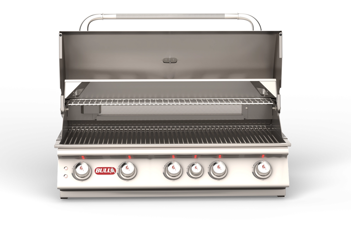 Bull Brahma 38 inch built-in gas grill with hood open showing cooking grates and burners