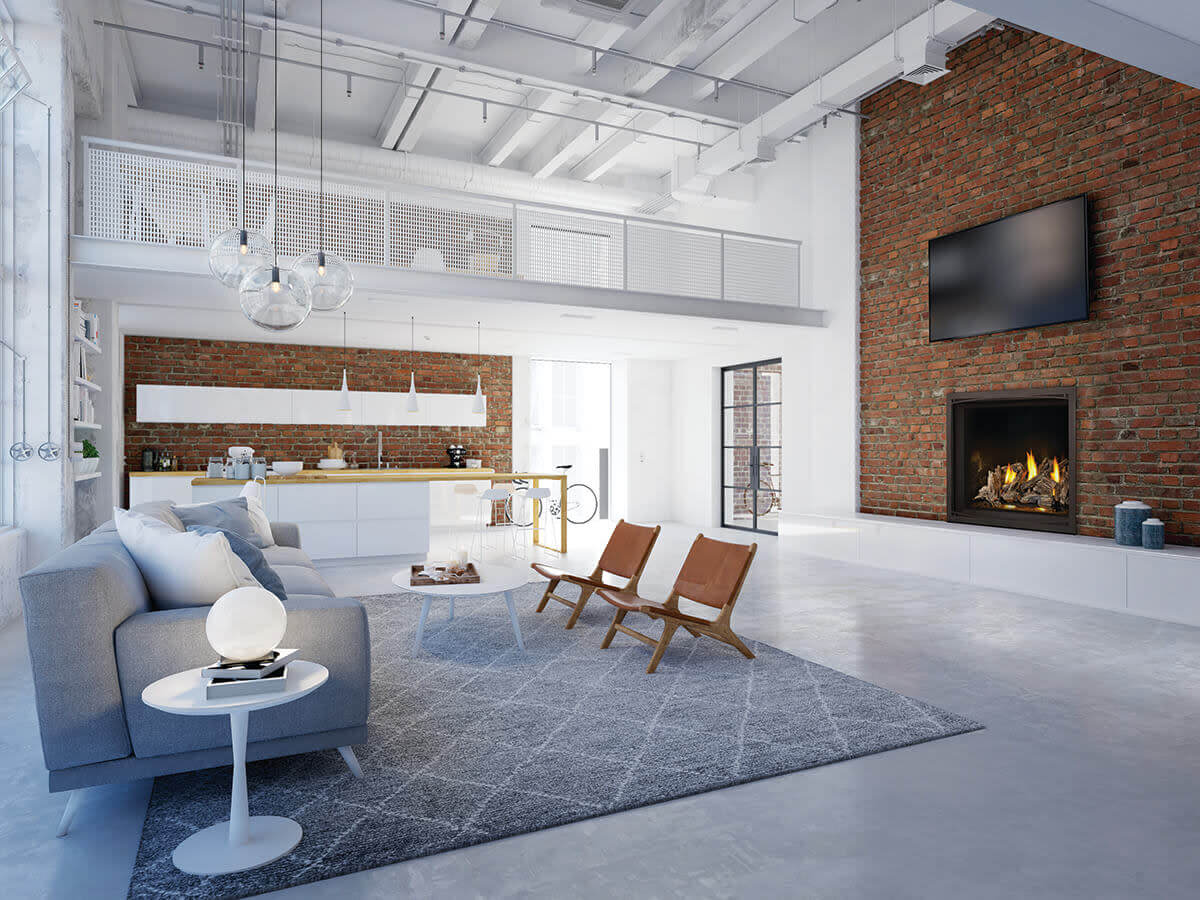 Napoleon Elevation X 42 direct vent gas fireplace in modern loft with exposed brick