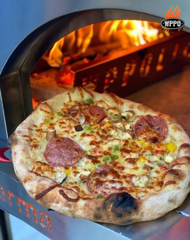WPPO Karma 32 inch outdoor wood-fired pizza oven that cooks two pizzas