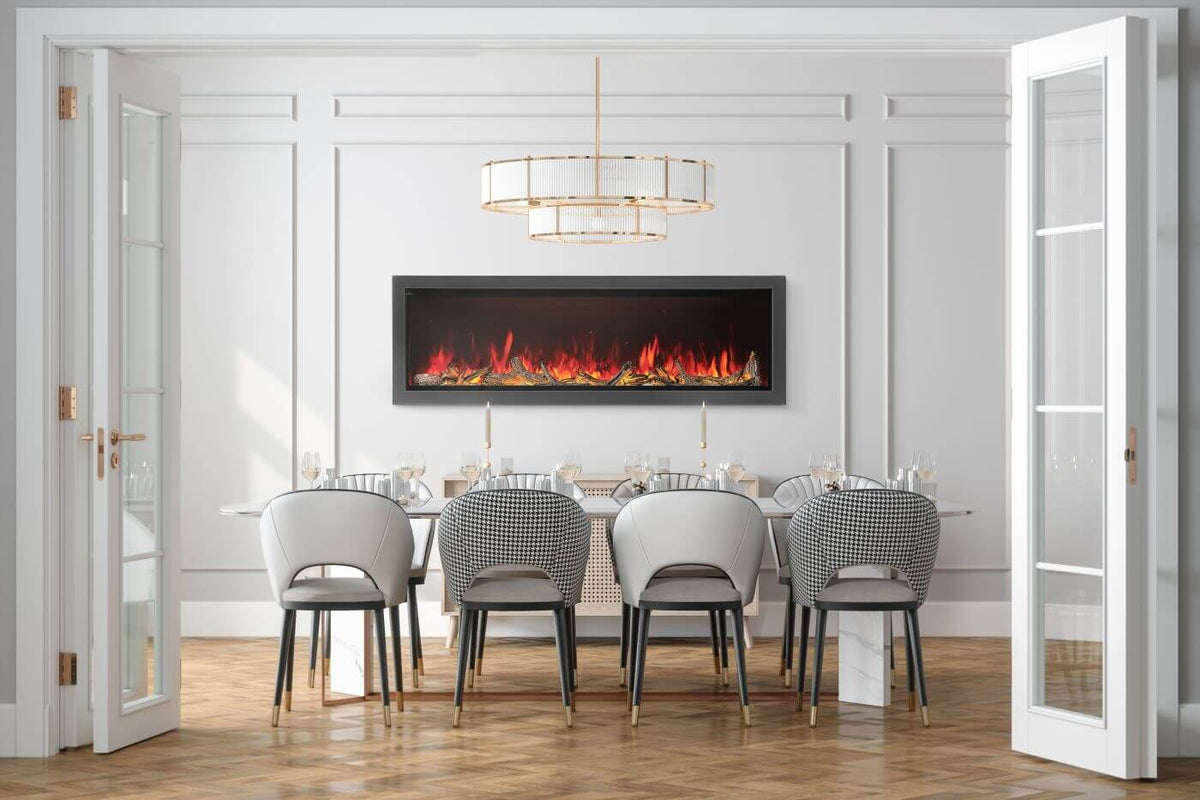 Napoleon Astound 74 inch built-in electric fireplace in dining room