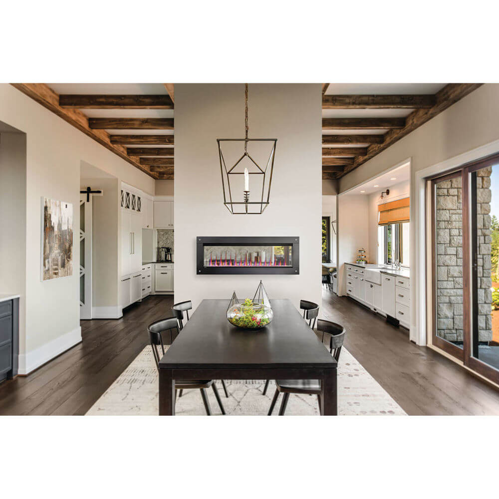 Napoleon CLEARion Elite see-through electric fireplace installed between kitchen and living space