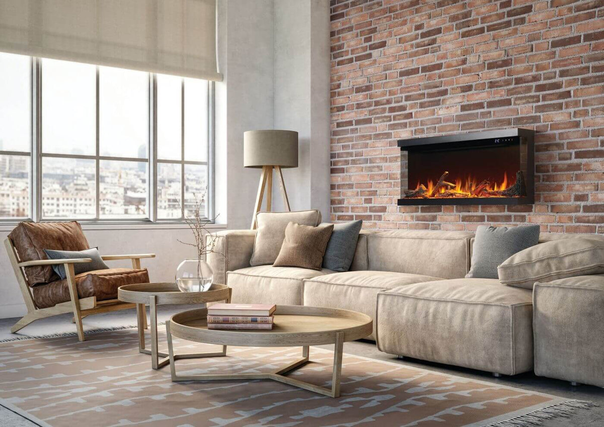 Napoleon Astound wall hanging electric fireplace in living room