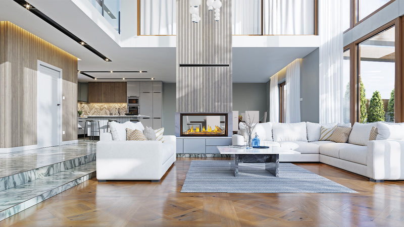 Tall Linear Vector see-through in a living room, shown with optional oak logs