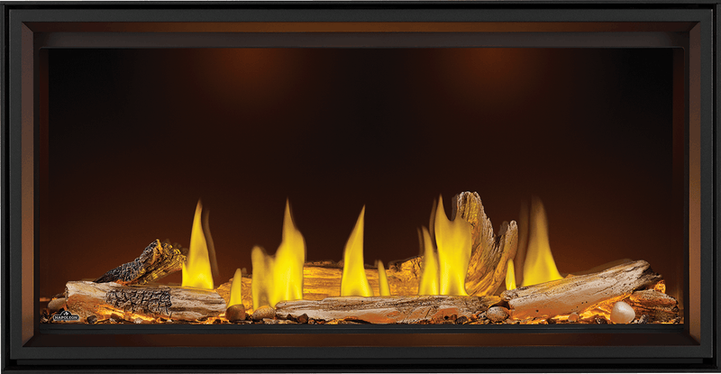 Napoleon Tall Linear Vector direct vent gas fireplace with driftwood media