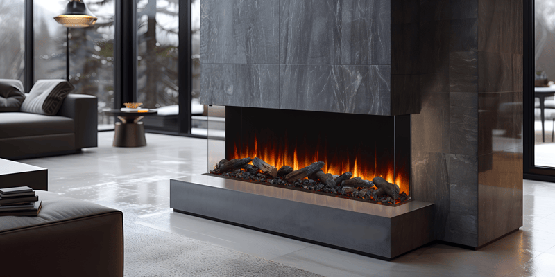 SimpliFire Triton 65 inch electric fireplace in a living room